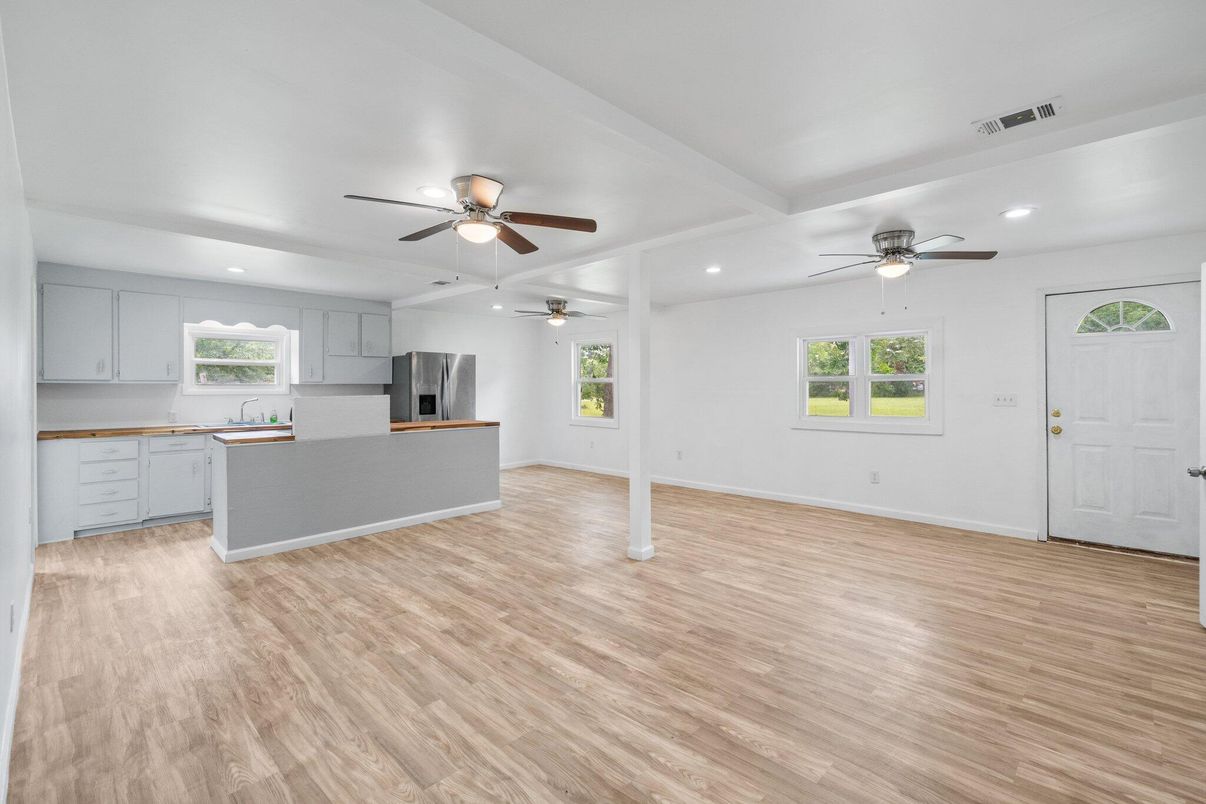 Empty room, Interior, Kitchen, Recessed Lighting, Wood Texture Flooring