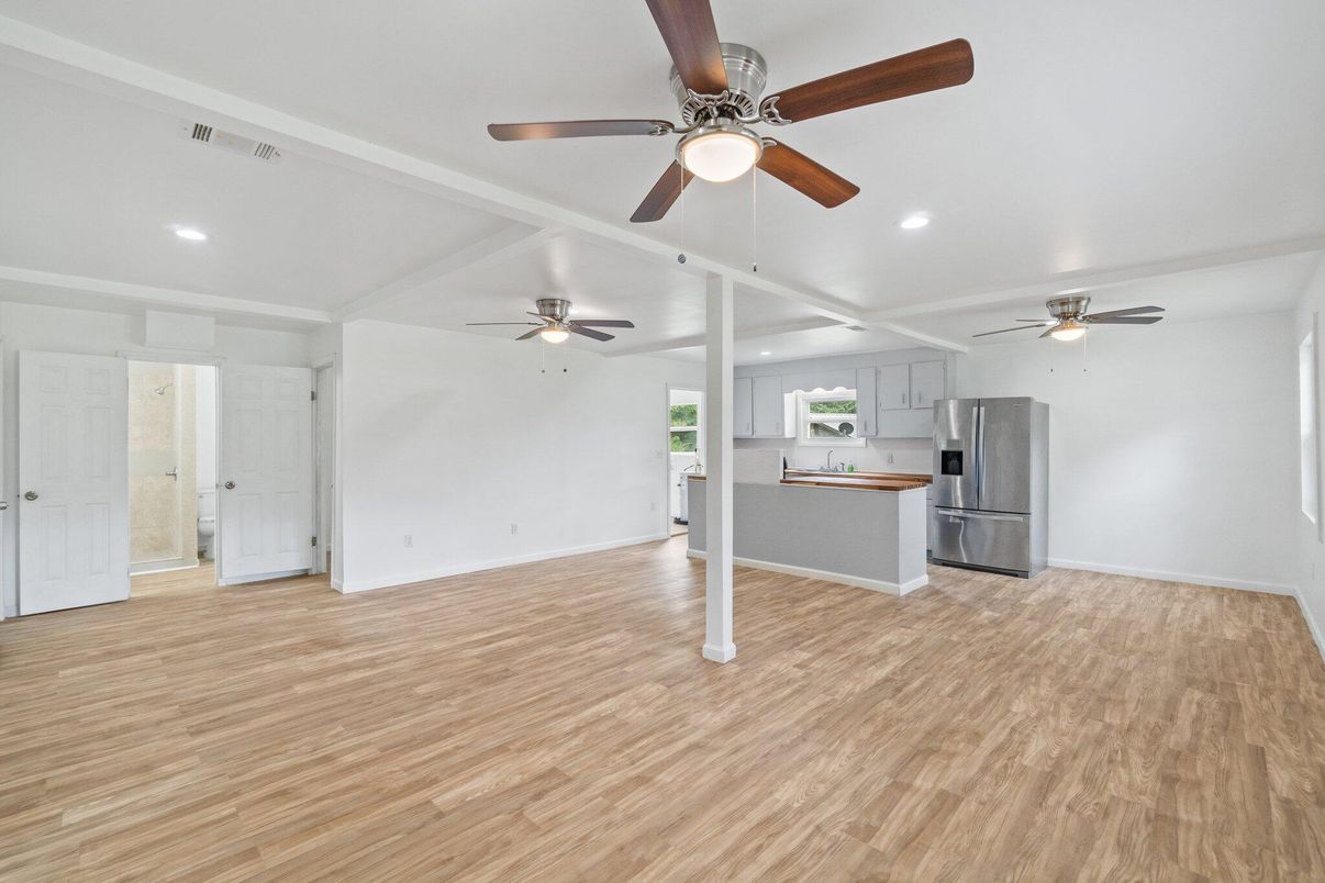 Empty room, Interior, Kitchen, Recessed Lighting, Wood Texture Flooring