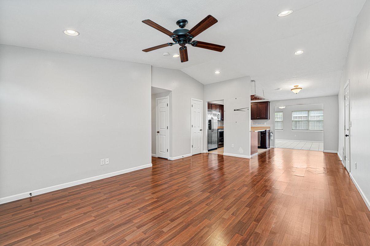 Empty room, Interior, Kitchen, Recessed Lighting, Wood Texture Flooring