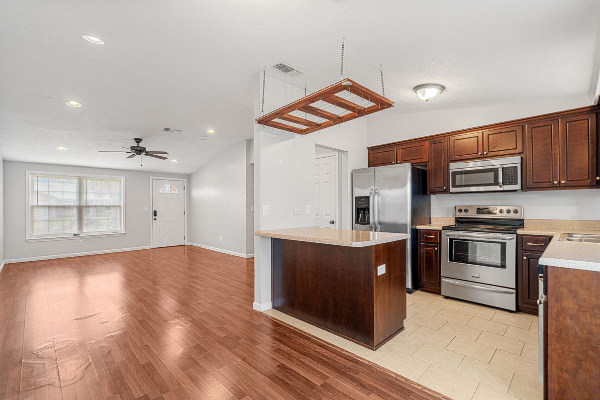 Interior, Kitchen, Recessed Lighting, Stainless Steel Appliances, Wood Texture Flooring