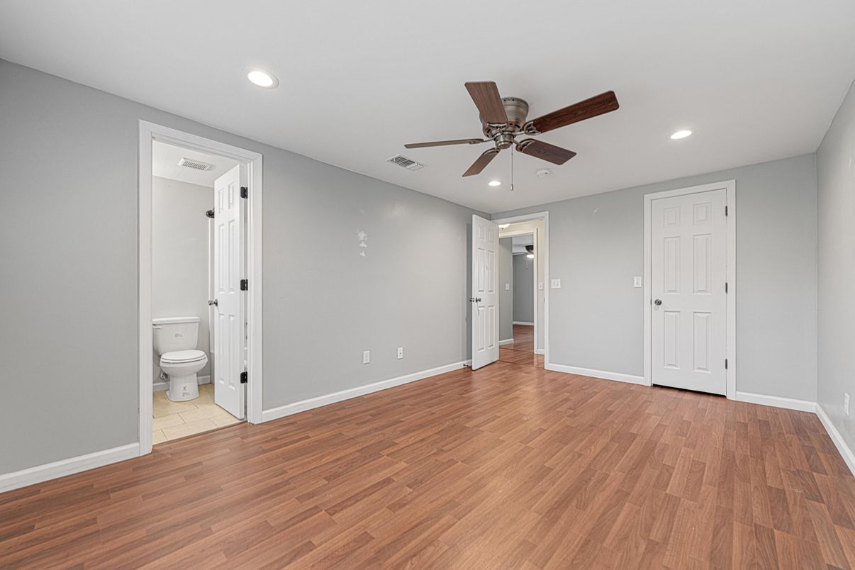 Bathroom, Empty room, Interior, Recessed Lighting, Wood Texture Flooring