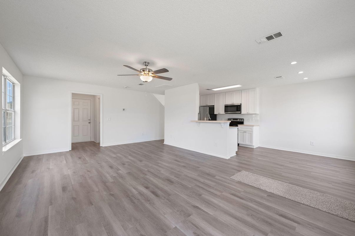 Empty room, Interior, Kitchen, Recessed Lighting, Wood Texture Flooring
