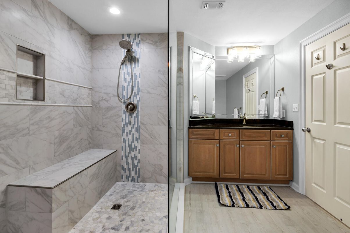 Bathroom, Glass Shower, Interior, Marble Walls, Recessed Lighting, Wood Texture Flooring