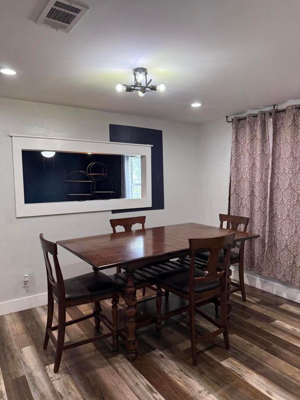 Dining room, Interior, Recessed Lighting, Wood Texture Flooring