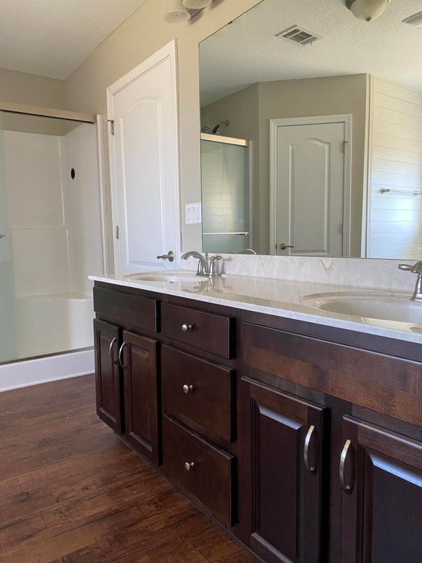 Bathroom, Dual Sink Vanities, Interior, Wood Texture Flooring