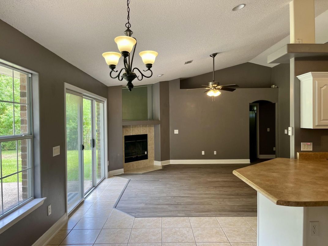 Chandelier, Empty room, Fireplace, Interior, Wood Texture Flooring