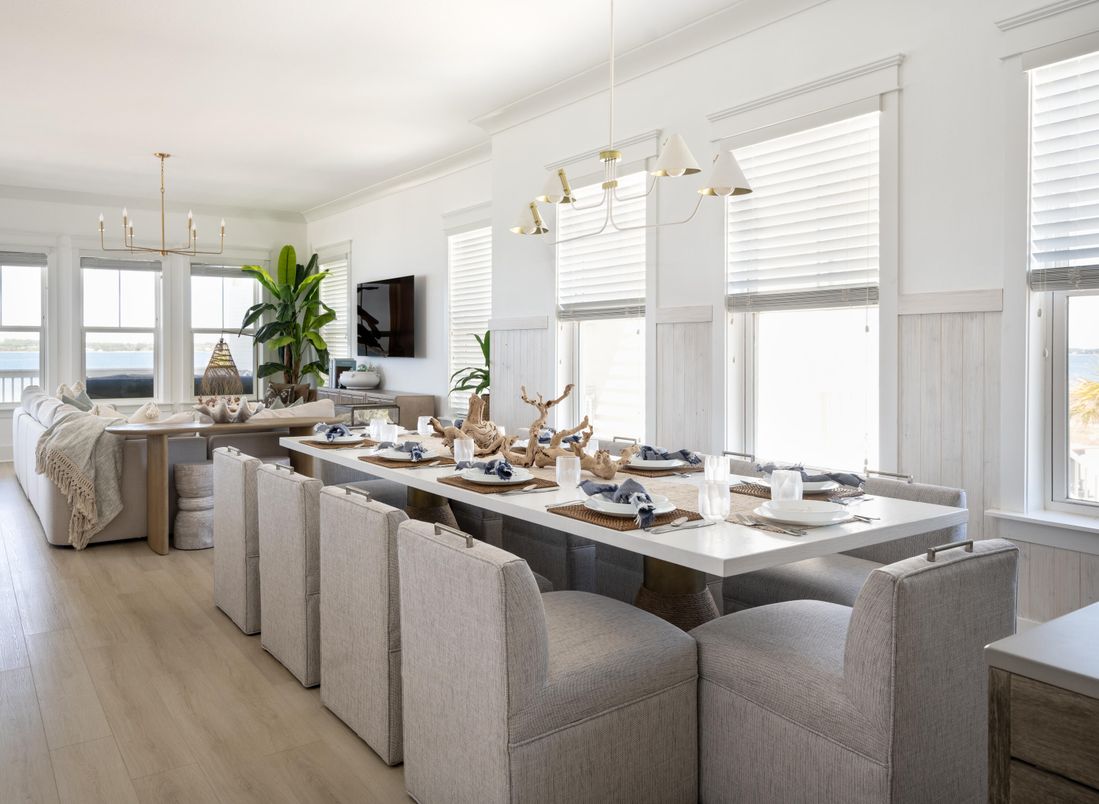 Dining room, Interior, Living room, Pendant Lights, Wood Texture Flooring