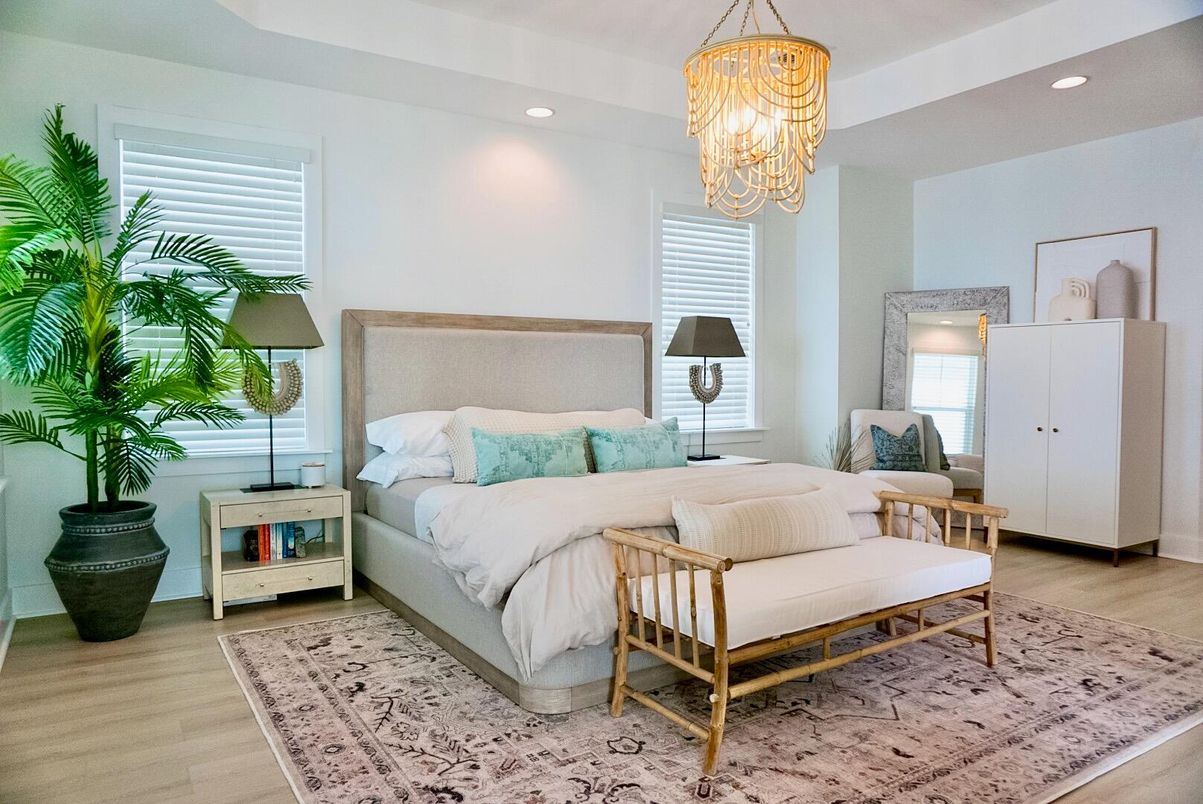Bedroom, Chandelier, Interior, Recessed Lighting, Wood Texture Flooring