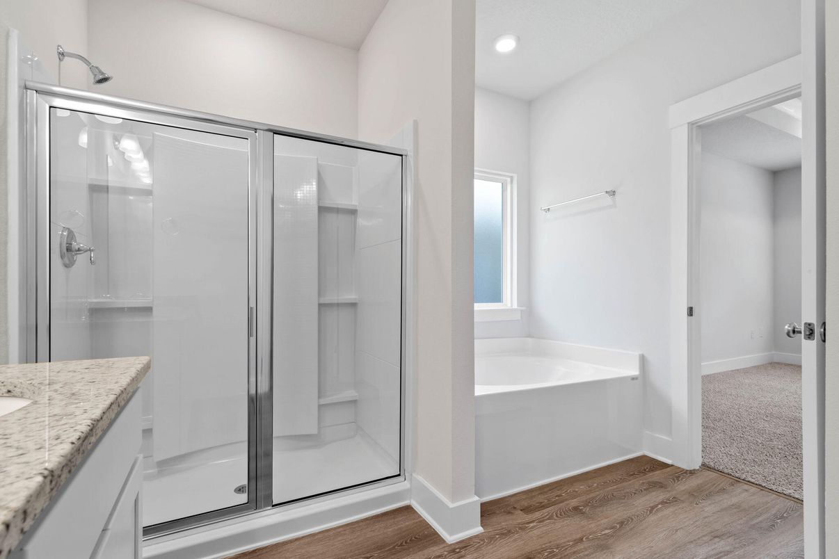 Bathroom, Glass Shower, Interior, Recessed Lighting, Wood Texture Flooring
