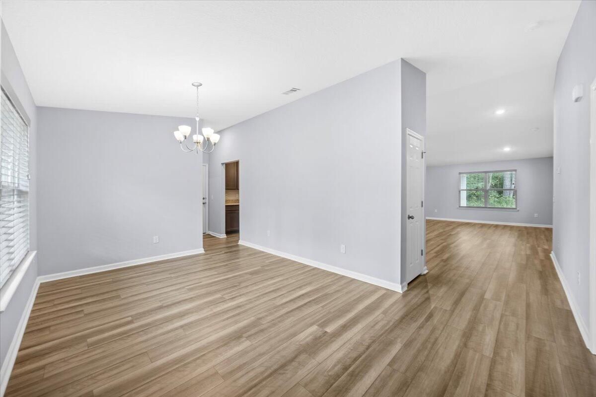 Chandelier, Empty room, Interior, Recessed Lighting, Wood Texture Flooring