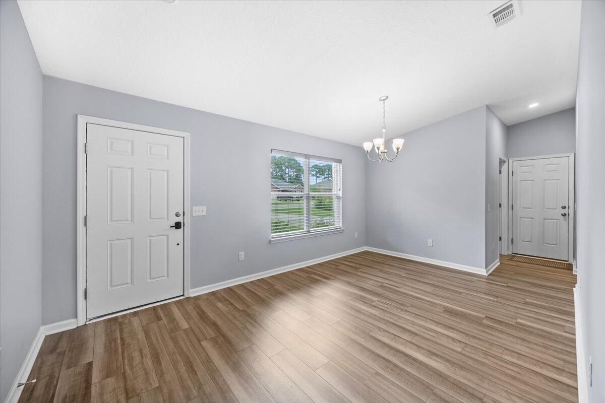 Chandelier, Empty room, Interior, Recessed Lighting, Wood Texture Flooring