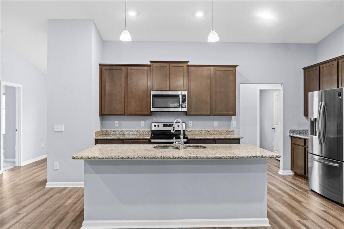 Interior, Kitchen, Pendant Lights, Recessed Lighting, Stainless Steel Appliances, Wood Texture Flooring