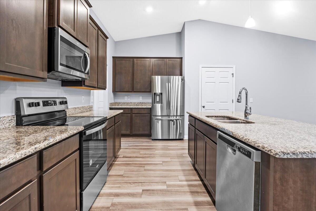 Interior, Kitchen, Pendant Lights, Recessed Lighting, Stainless Steel Appliances, Wood Texture Flooring
