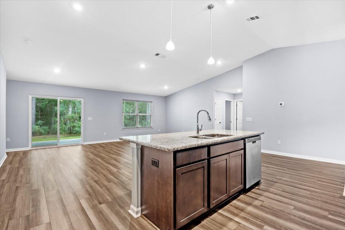 Empty room, Interior, Kitchen, Pendant Lights, Recessed Lighting, Wood Texture Flooring
