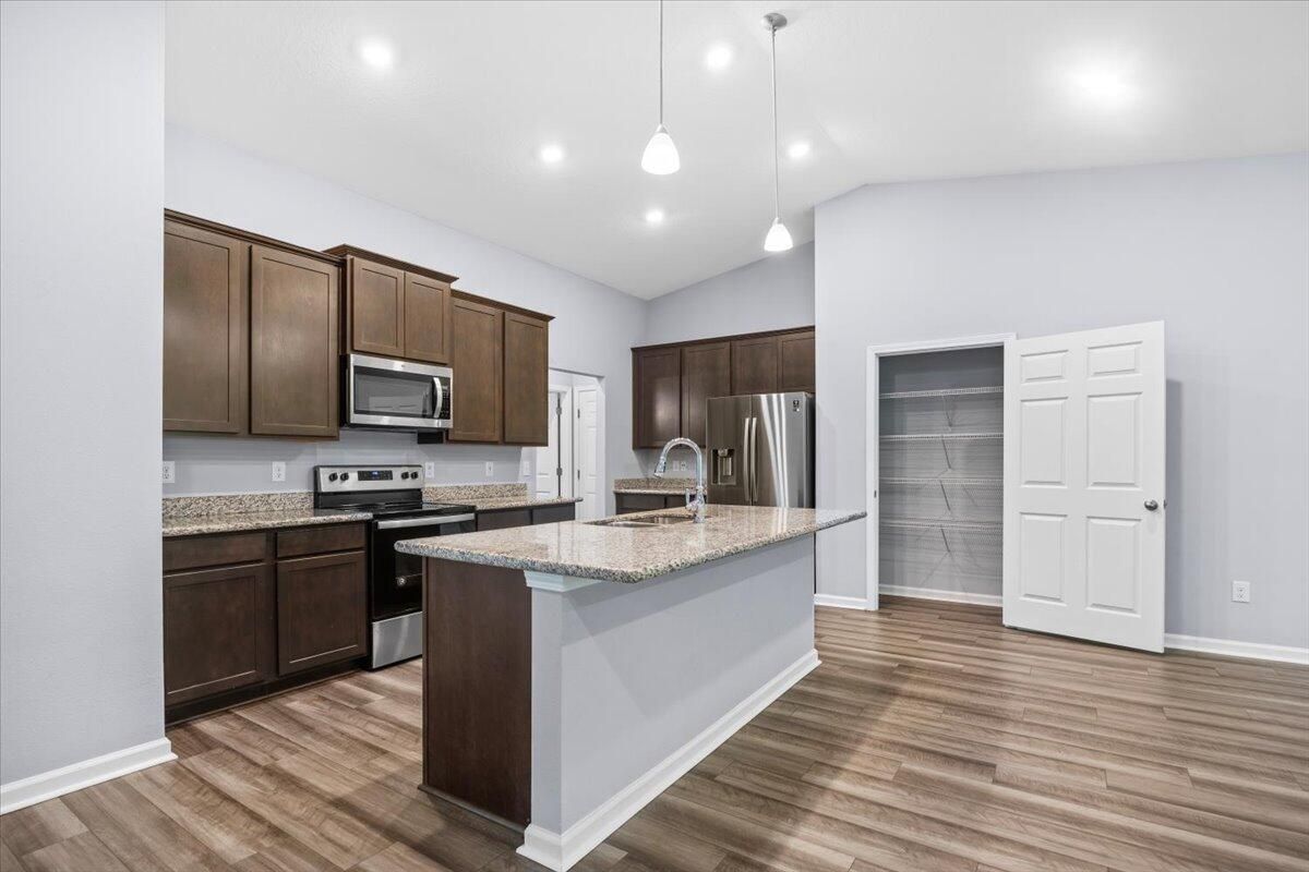 Interior, Kitchen, Pendant Lights, Recessed Lighting, Stainless Steel Appliances, Wood Texture Flooring