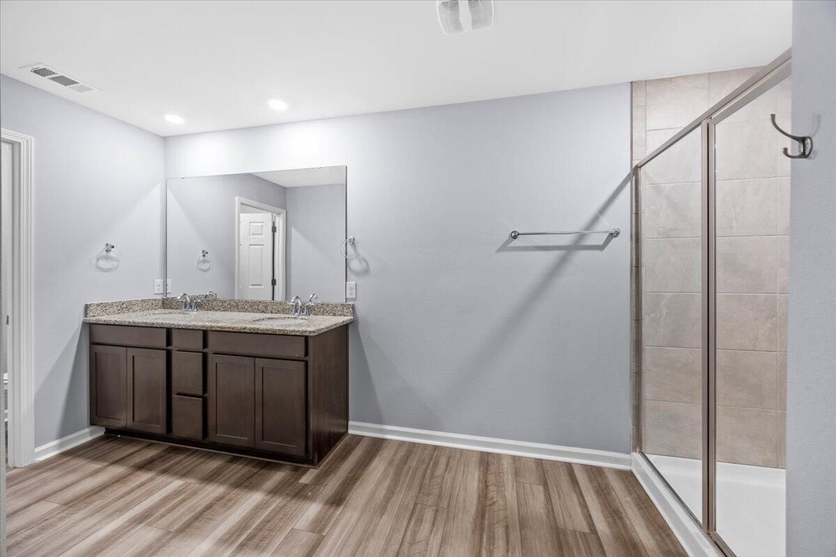 Bathroom, Glass Shower, Interior, Recessed Lighting, Wood Texture Flooring