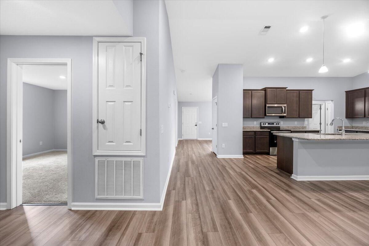 Interior, Kitchen, Pendant Lights, Recessed Lighting, Wood Texture Flooring
