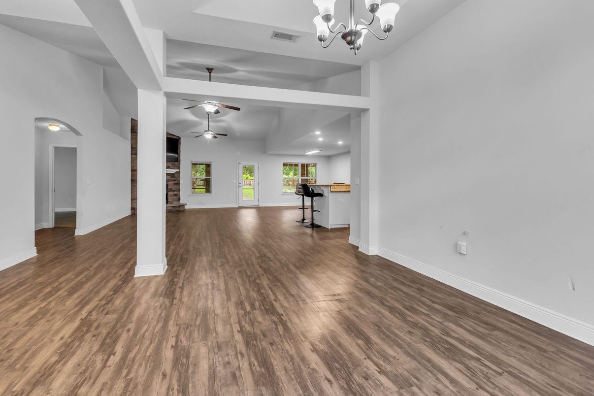 Chandelier, Empty room, Interior, Recessed Lighting, Wood Texture Flooring