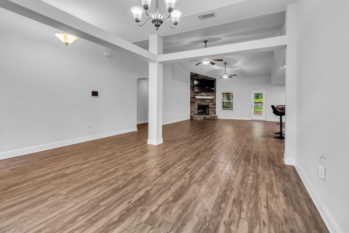 Chandelier, Empty room, Fireplace, Interior, Wood Texture Flooring
