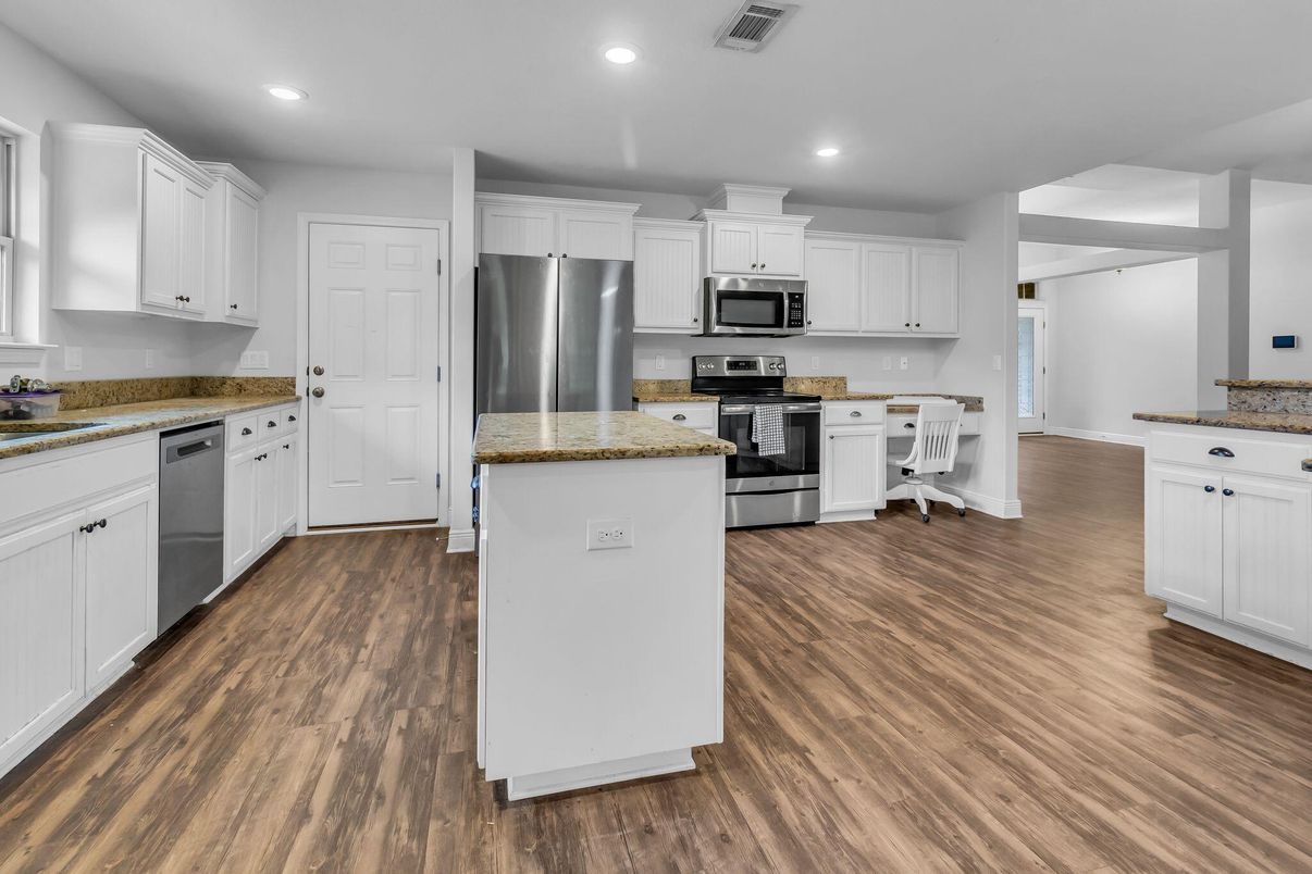 Interior, Kitchen, Recessed Lighting, Stainless Steel Appliances, Wood Texture Flooring