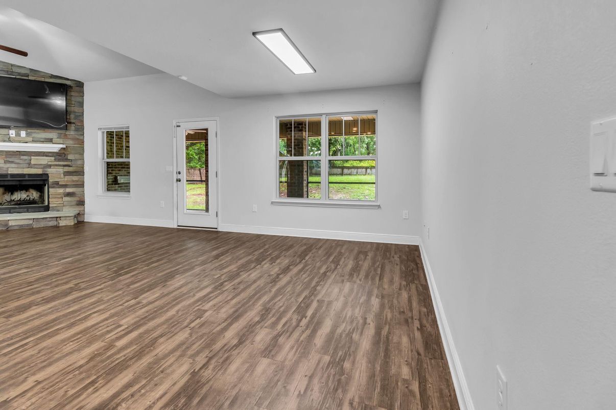 Empty room, Fireplace, Interior, Stone Walls, Wood Texture Flooring