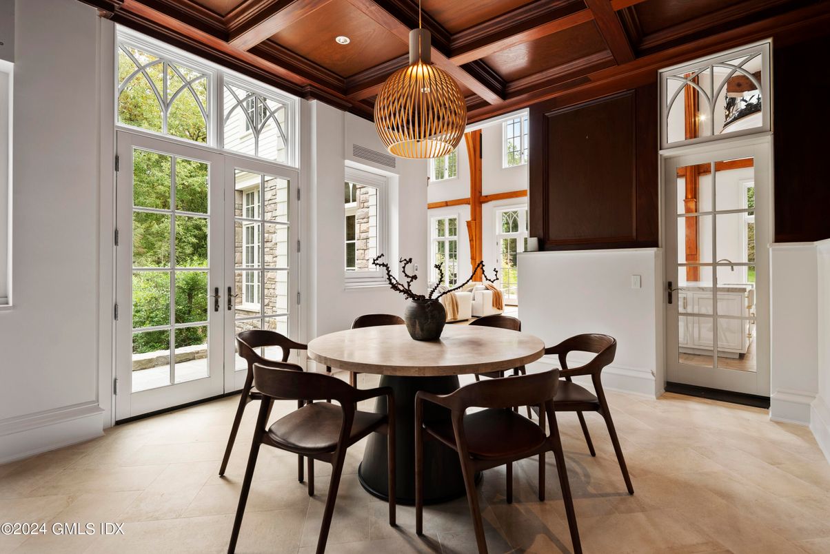 Chandelier, Dining room, Interior, Recessed Lighting, Wooden Beams, Wooden Ceilings