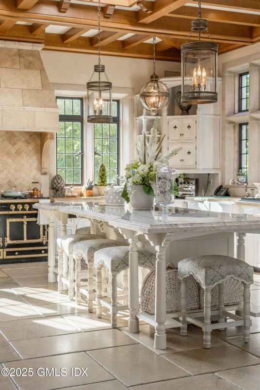 Dining room, Interior, Kitchen, Pendant Lights, Stone Walls, Wooden Beams