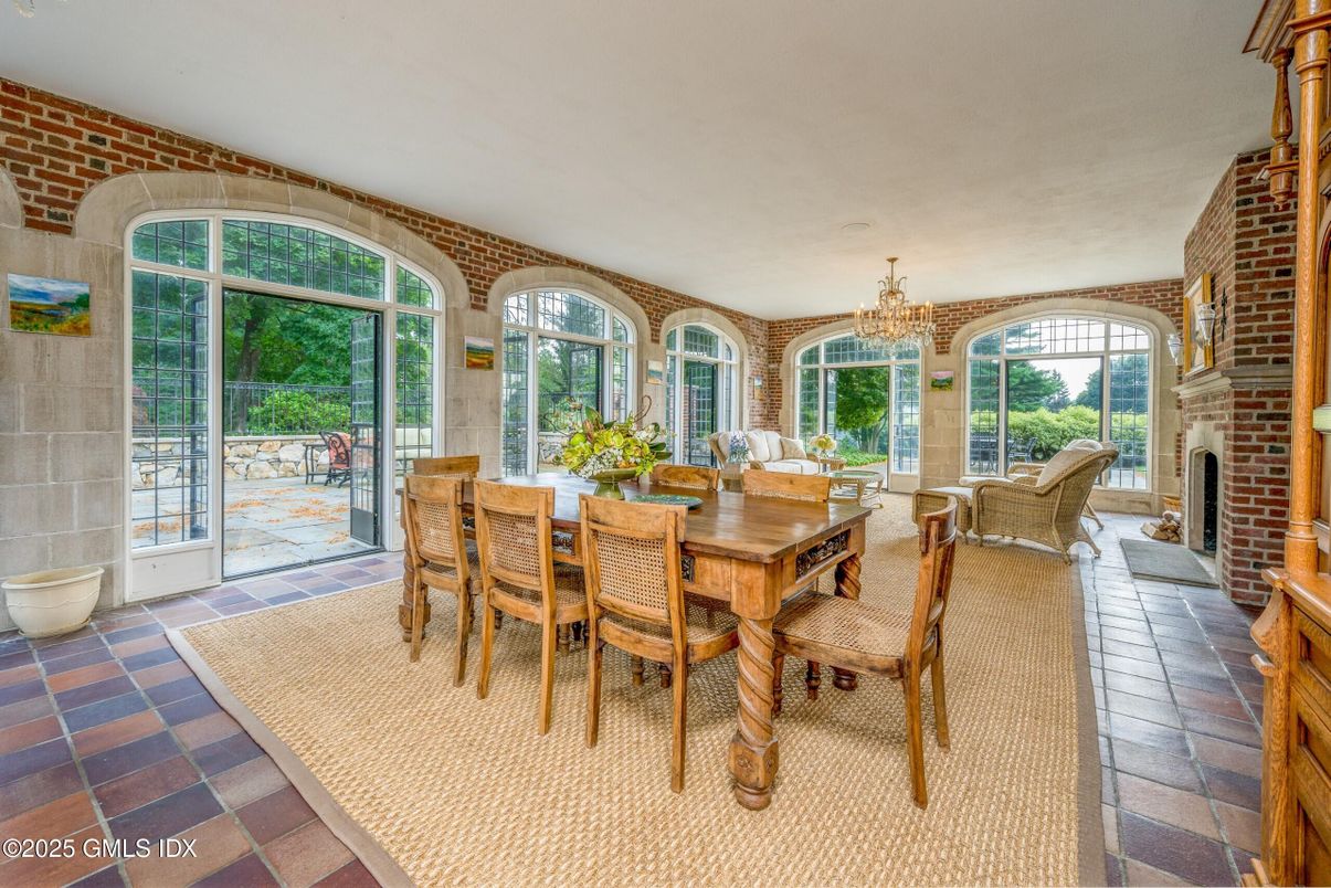 Chandelier, Dining room, Fireplace, Interior, Stone Walls