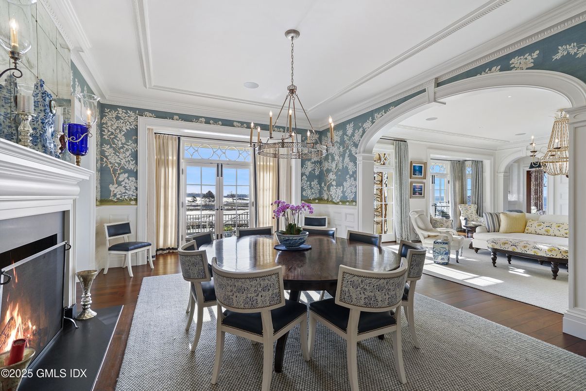 Chandelier, Dining room, Fireplace, Interior, Living room, Pendant Lights, Wood Texture Flooring