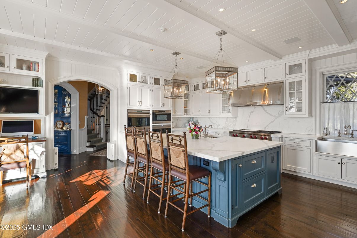Interior, Kitchen, Marble Walls, Pendant Lights, Recessed Lighting, Stainless Steel Appliances, Wood Texture Flooring