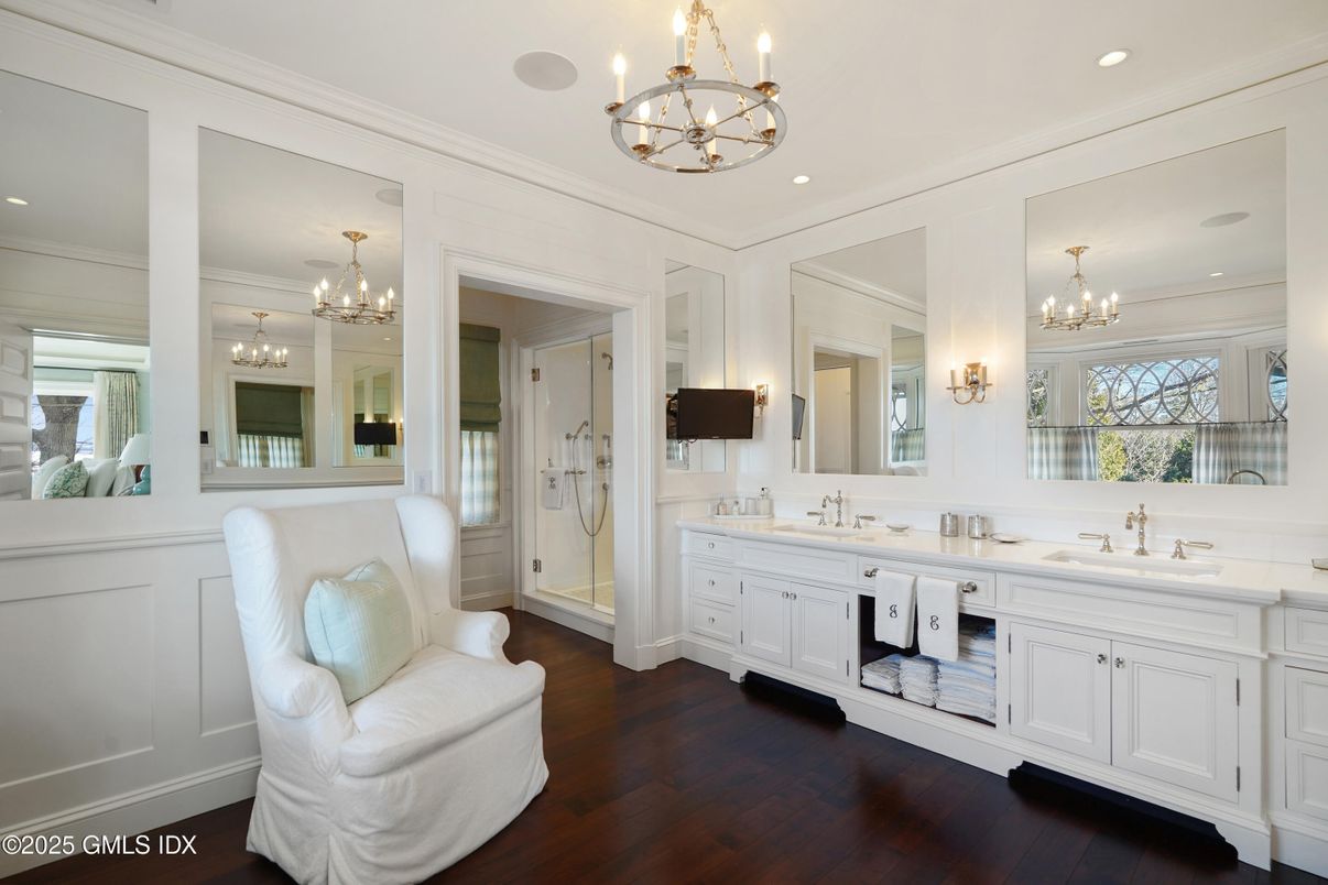 Bathroom, Chandelier, Dual Sink Vanities, Interior, Recessed Lighting, Wood Texture Flooring