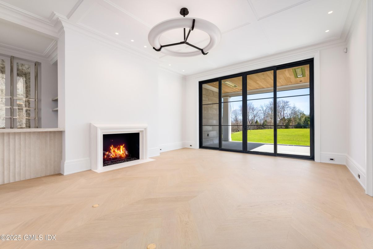Empty room, Fireplace, Interior, Pendant Lights, Recessed Lighting, Wood Texture Flooring
