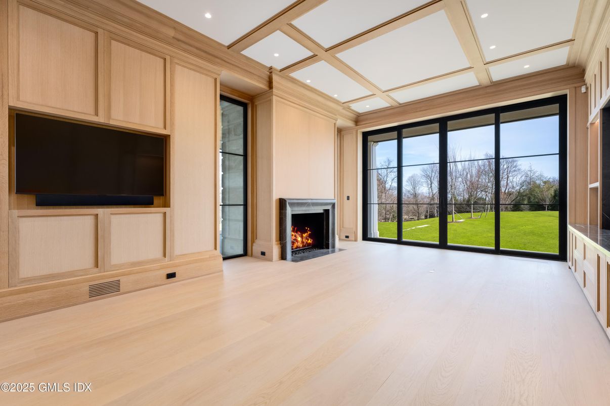 Empty room, Fireplace, Interior, Recessed Lighting, Wood Texture Flooring
