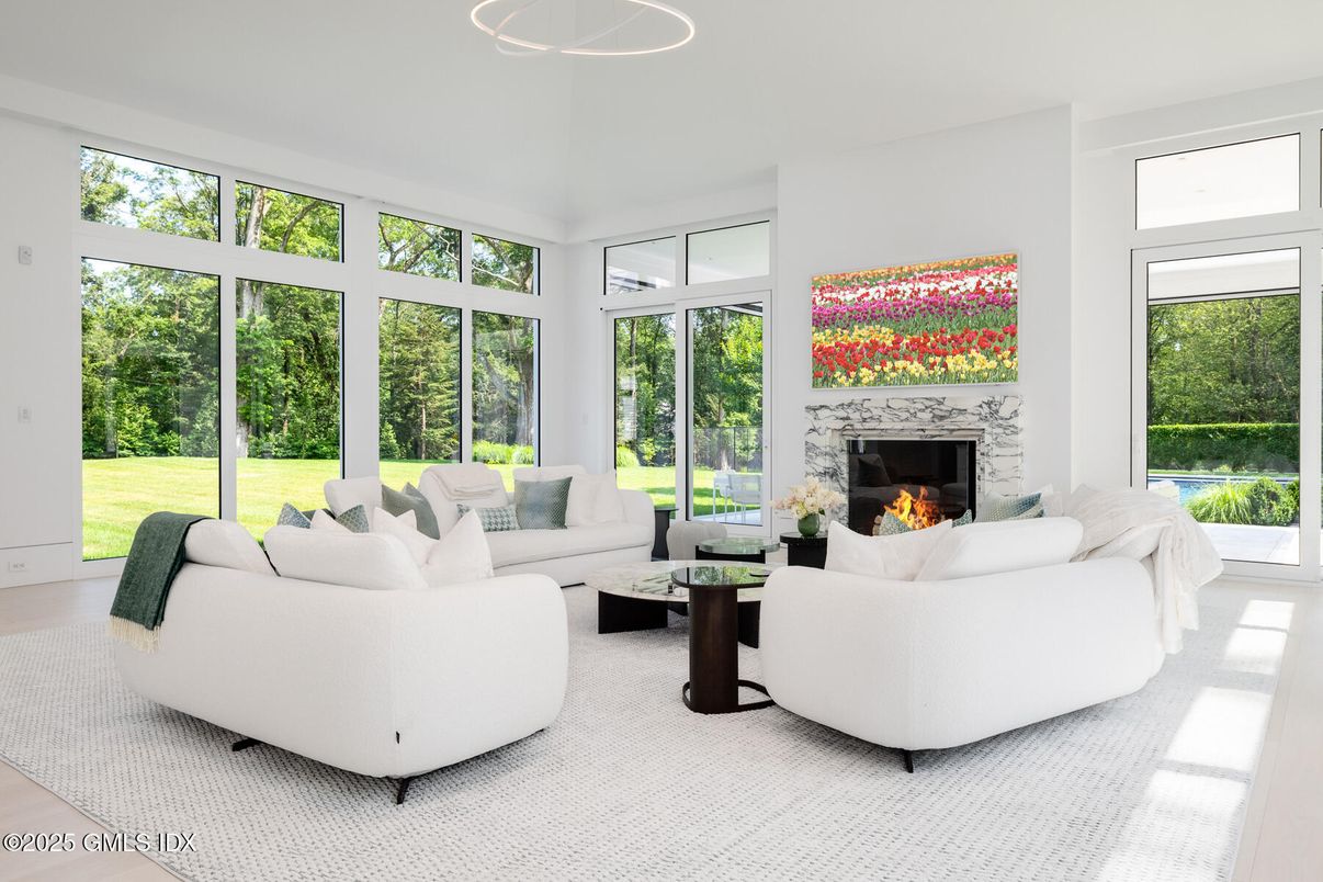 Fireplace, Interior, Living room, Pendant Lights, Sun Room