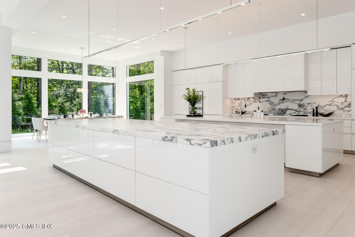 Interior, Kitchen, Marble Walls, Pendant Lights, Recessed Lighting, Wood Texture Flooring