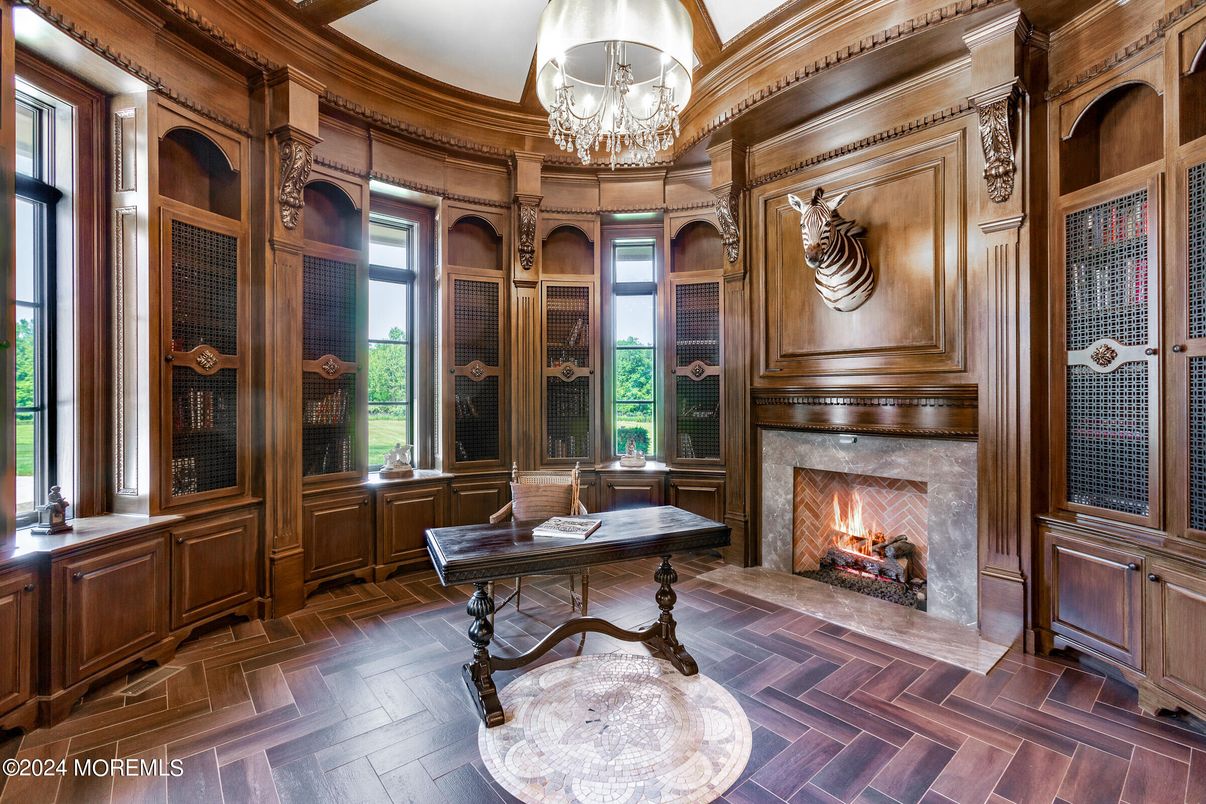Fireplace, Home Office, Interior, Wood Texture Flooring, Wooden Walls