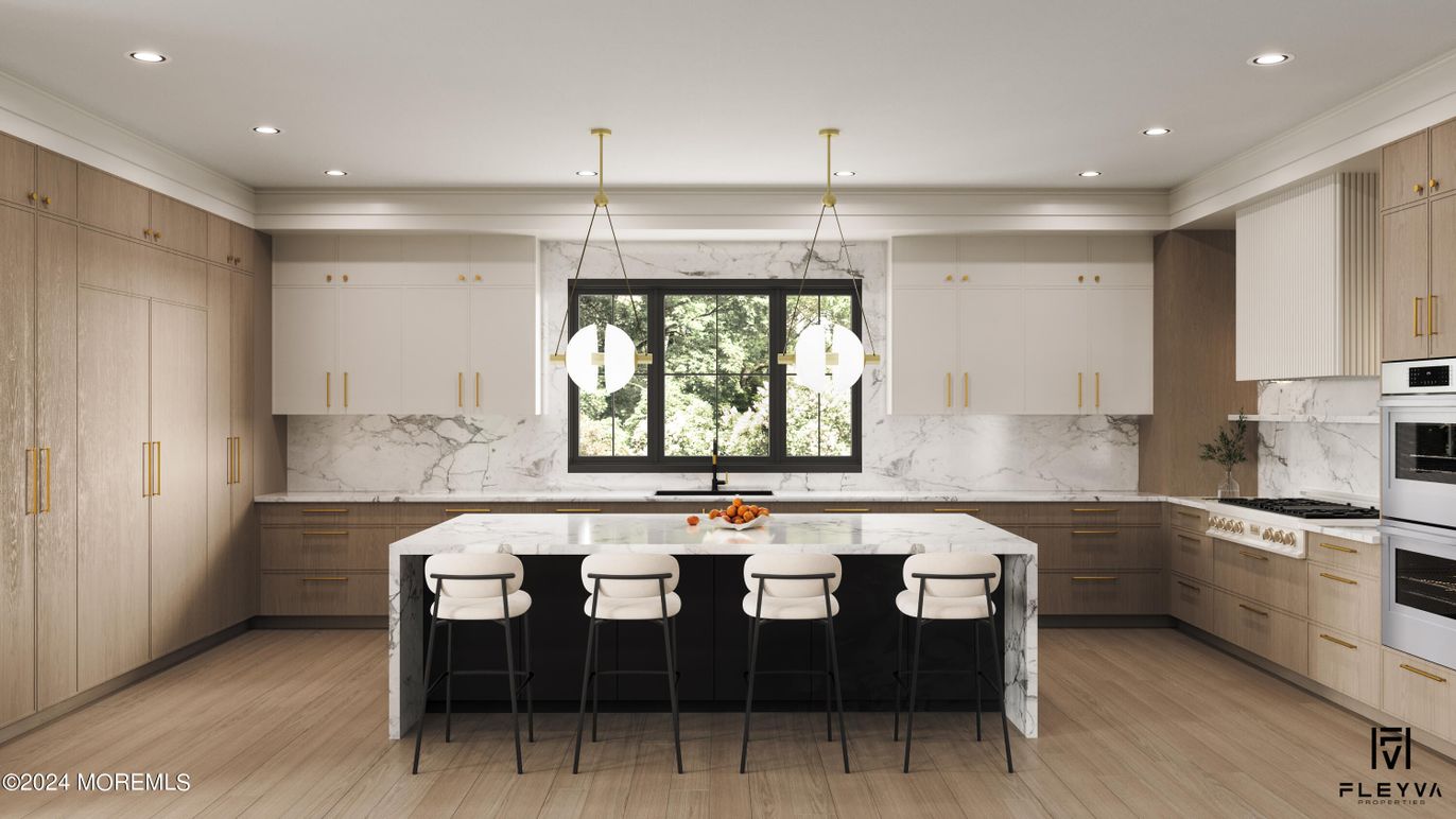 Interior, Kitchen, Marble Walls, Pendant Lights, Recessed Lighting, Stainless Steel Appliances, Wood Texture Flooring