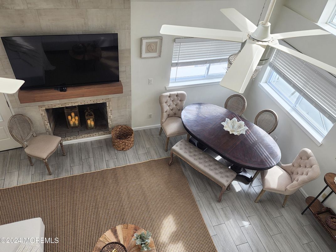 Dining room, Fireplace, Interior, Wood Texture Flooring