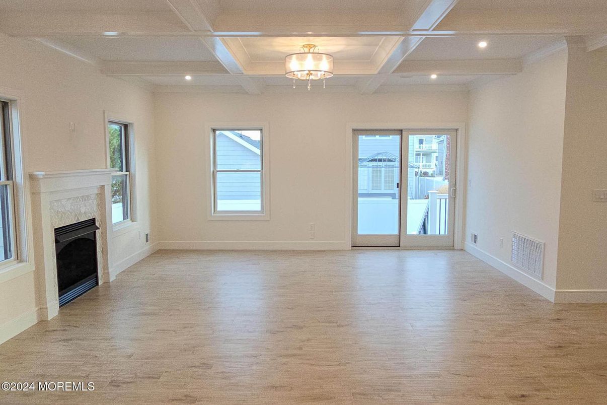 Empty room, Fireplace, Interior, Recessed Lighting, Wood Texture Flooring