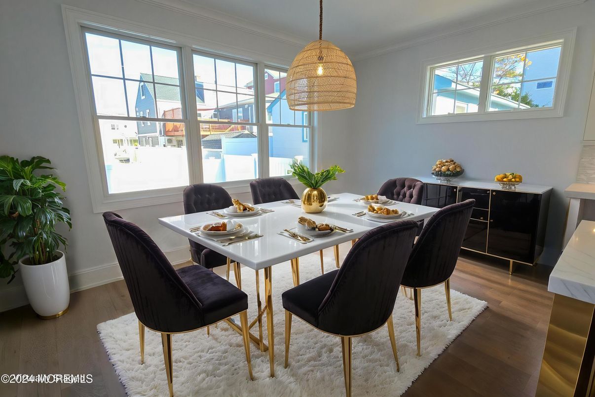 Dining room, Interior, Pendant Lights, Wood Texture Flooring
