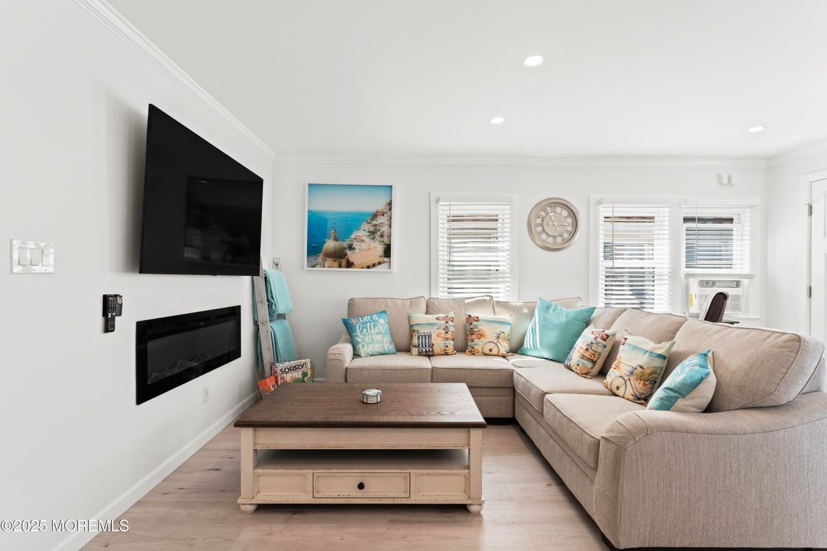 Fireplace, Interior, Living room, Recessed Lighting, Wood Texture Flooring