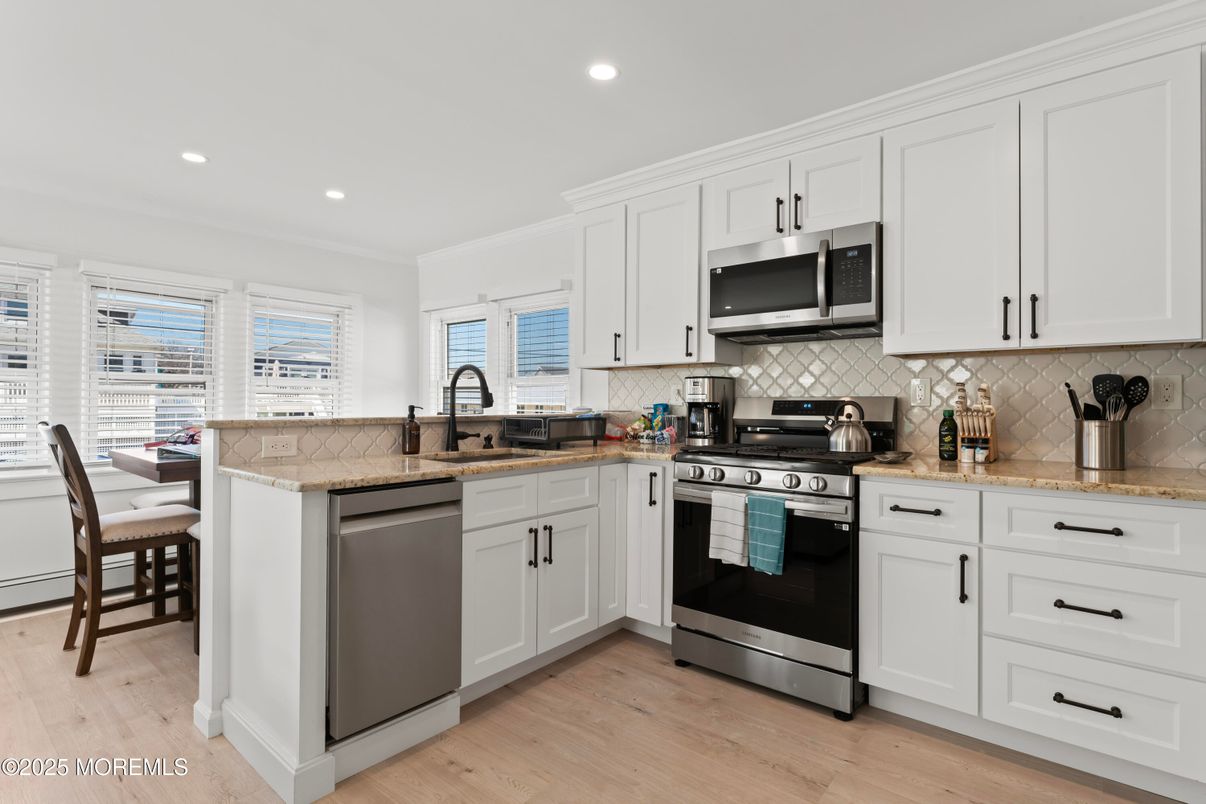 Interior, Kitchen, Recessed Lighting, Stainless Steel Appliances, Wood Texture Flooring