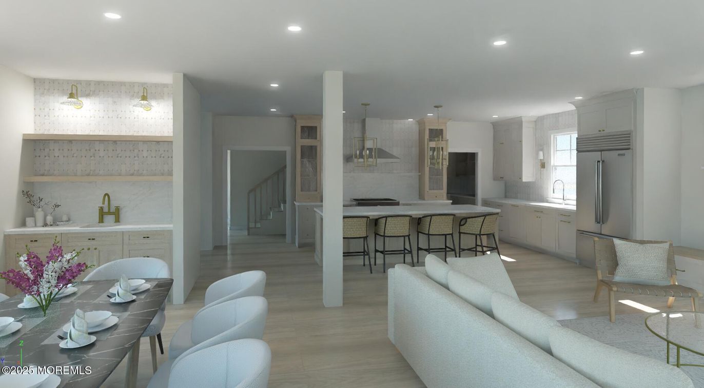 Dining room, Interior, Kitchen, Living room, Pendant Lights, Recessed Lighting, Stainless Steel Appliances, Wood Texture Flooring