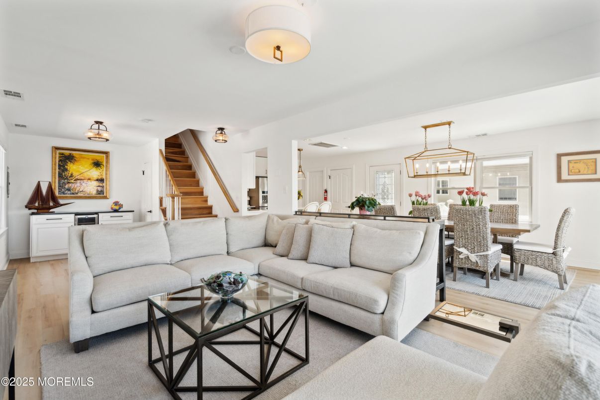Dining room, Interior, Living room, Pendant Lights, Wood Texture Flooring