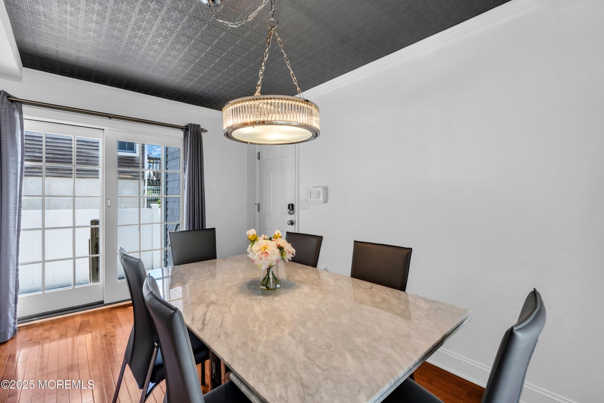 Dining room, Interior, Pendant Lights, Wood Texture Flooring
