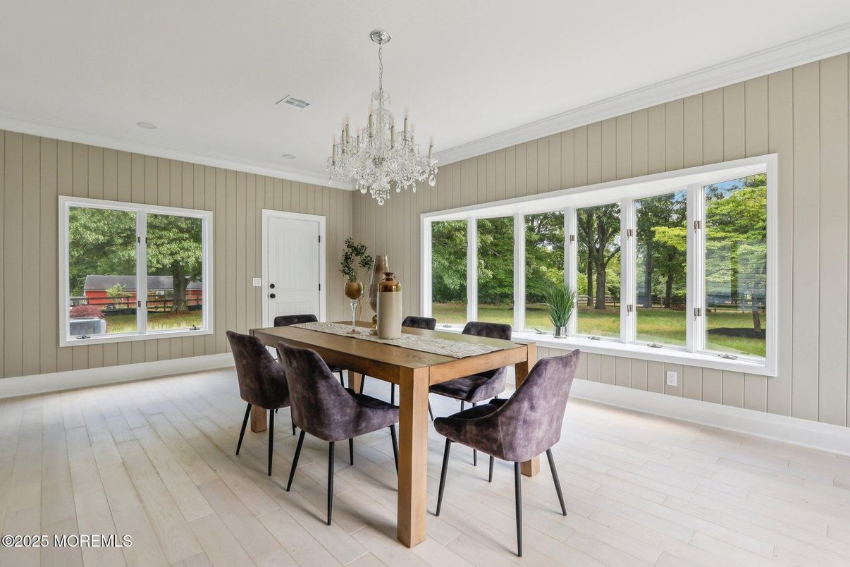 Chandelier, Dining room, Interior, Wood Texture Flooring