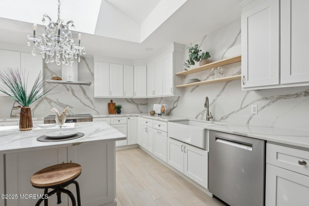 Chandelier, Interior, Kitchen, Marble Walls, Wood Texture Flooring