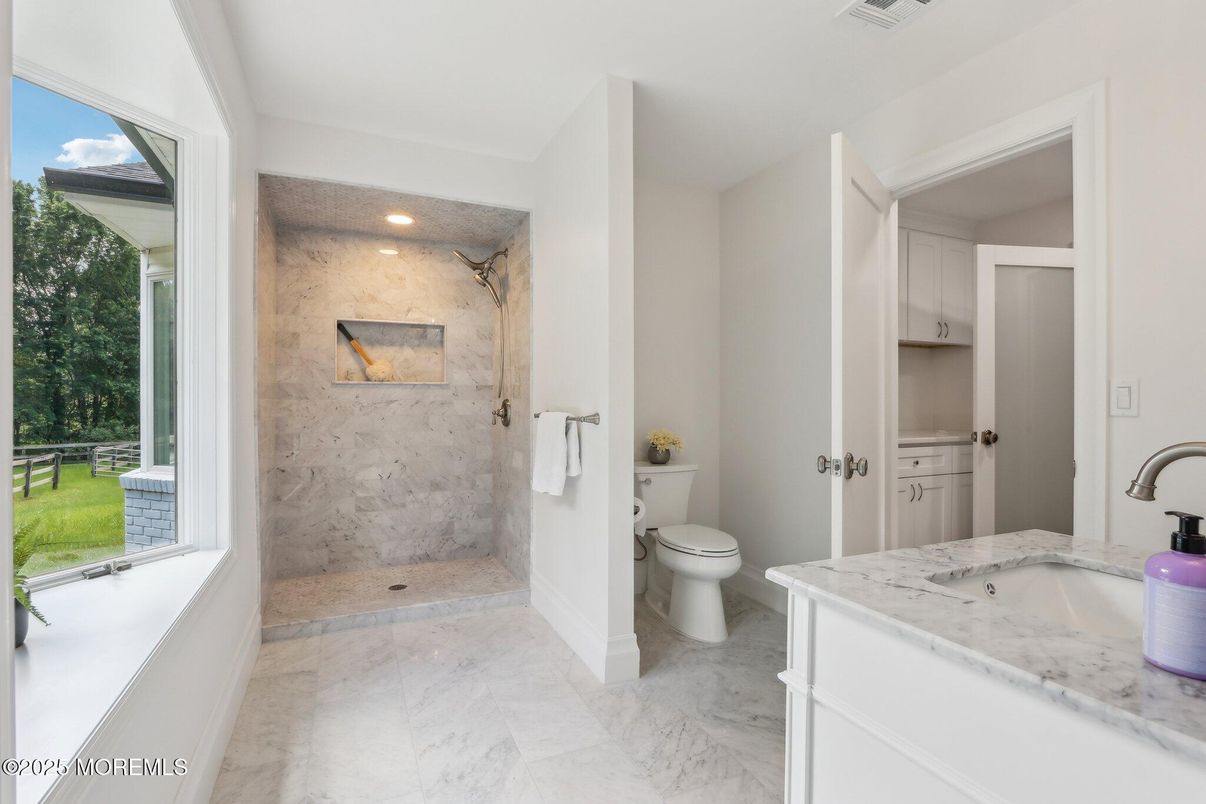 Bathroom, Glass Shower, Interior, Marble, Marble Walls, Recessed Lighting