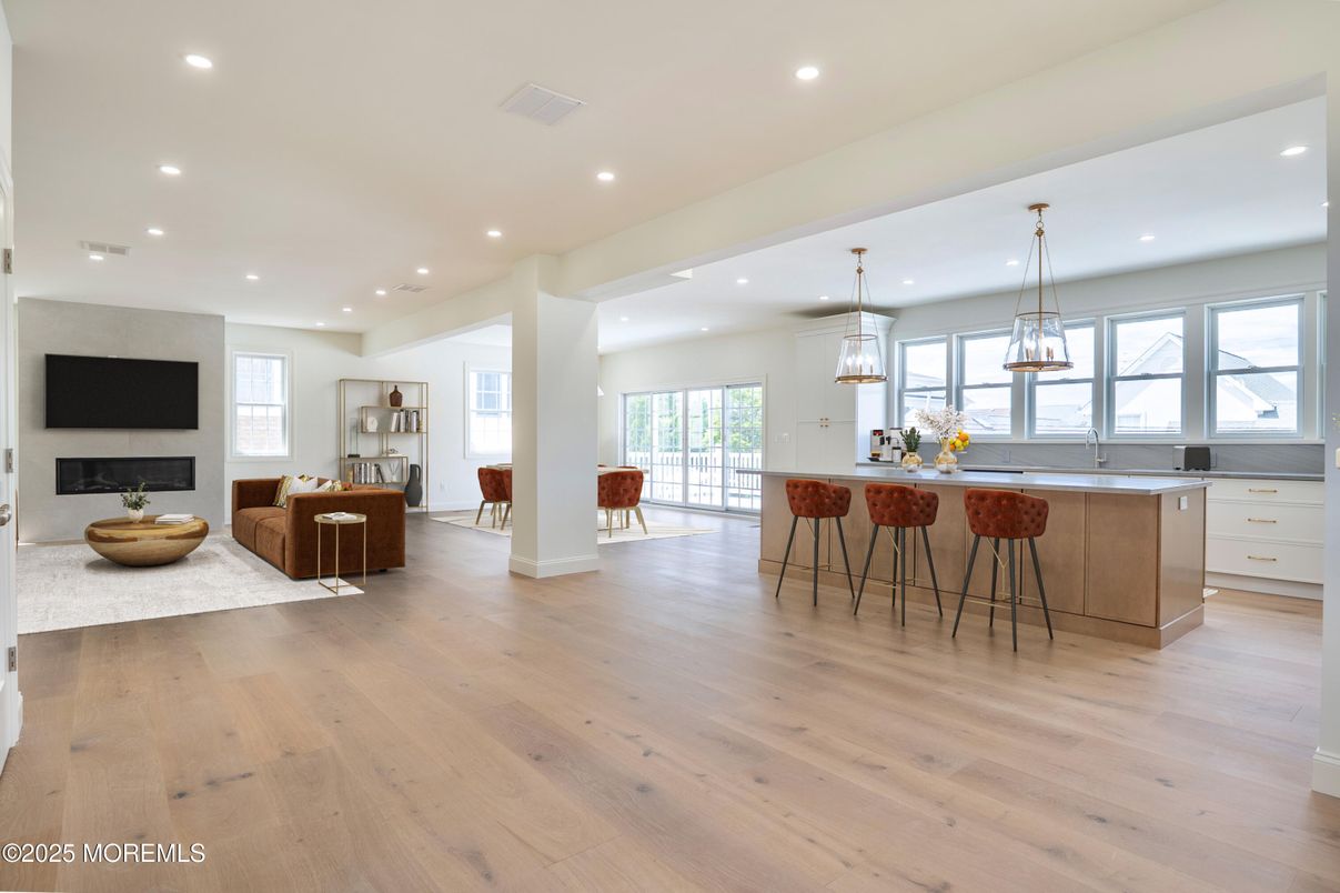 Fireplace, Interior, Kitchen, Living room, Pendant Lights, Recessed Lighting, Wood Texture Flooring