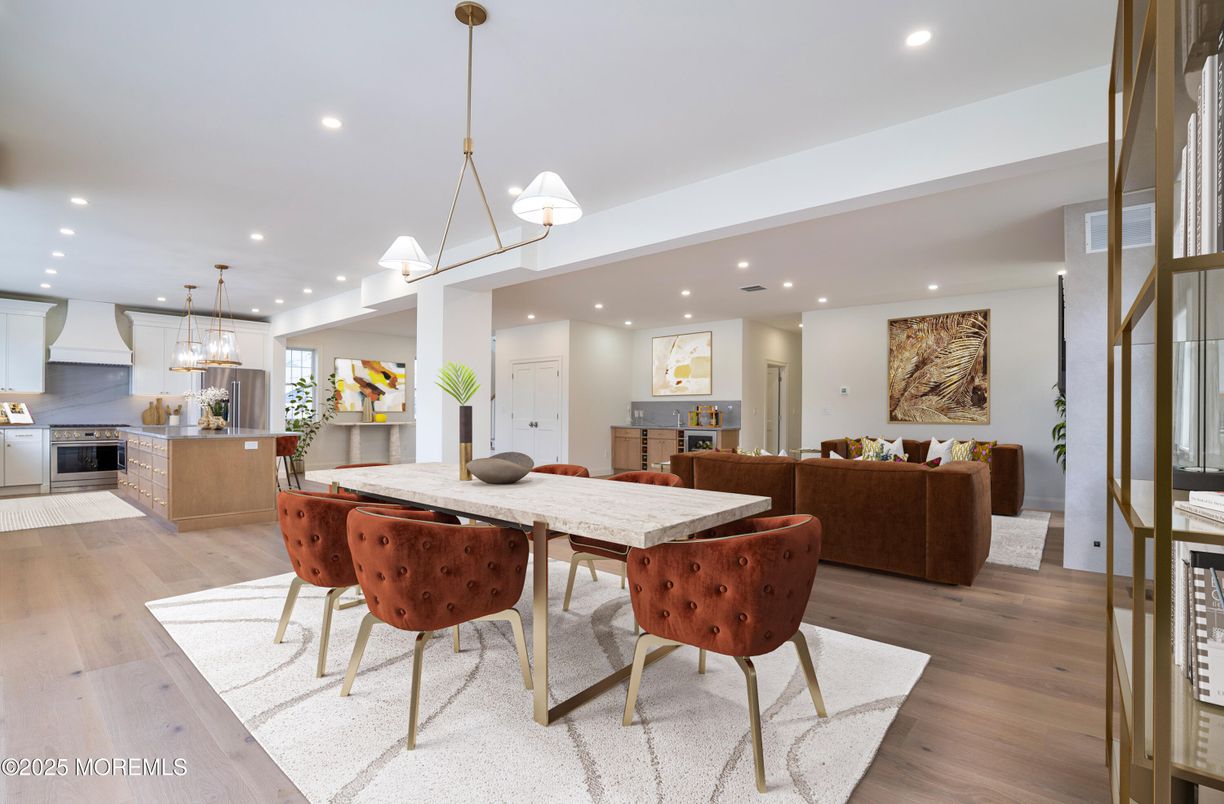 Dining room, Interior, Kitchen, Living room, Pendant Lights, Recessed Lighting, Stainless Steel Appliances, Wood Texture Flooring